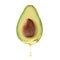 Fresh avocado with dripping oil on white background