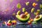 Fresh Avocado Halves and Chopped Vegetables Suspended in Mid Air with Water Droplets on Purple Background