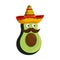 Fresh avocado with mexican hat and mustache character