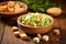 fresh avocado salad with crunchy croutons on wooden table