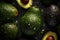 Fresh avocados, covered in droplets of water, set against a black background.