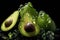 Fresh avocados with water drops on black background, closeup, Natures Green Gems A Captivating Snapshot of Avocado, AI Generated