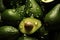 Fresh avocados with water drops, closeup. Tropical fruits, Natures Green Gems A Captivating Snapshot of Avocado, AI Generated