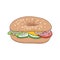 Fresh bagel sandwich with cheese and vegetables. Vector illustration.