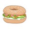 Fresh bagel sandwich with cream cheese, salmon, avocado, rucola and onions. Sesame seeds on top. Vector illustration.