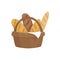 Fresh baguettes in wooden basket, fresh baked bread vector Illustration