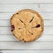 Fresh Baked Blackberry Pie that is Homemade and Messy on White or Gray Shiplap Board Background Table with a Square Crop and an ab