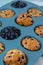 Fresh baked blueberry muffins. Tasty Sweet cupcake. Pastry homemade dessert. Berry pie in silicone muffin tin. Healthy