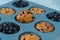 Fresh baked blueberry muffins. Tasty Sweet cupcake. Pastry homemade dessert. Berry pie in silicone muffin tin. Healthy