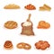 Fresh baked bread and bakery pastry products set, loaf, sweet buns, croissant, bagels vector Illustration on a white