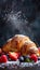 Fresh Baked Croissant with Raindrops, Berries and Powdered Sugar Against a Dark Moody Background