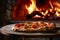 Fresh baked pizza closeup, traditional wood fired oven background. Generative AI