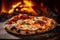 Fresh baked pizza closeup, traditional wood fired oven background. Generative AI