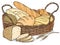 Fresh bakery products in a wicker basket. Vector illustration in sketch style.