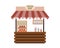 Fresh bar, street market counter, wooden kiosk with striped awning, shelves with fruit and cups with freshly squeezed