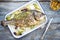 Fresh barbecue gilthead seabream with mango chutney and pesto