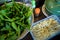 Fresh basil and bean sprouts and equipment and a flavoring for serving customers at the noodle shop