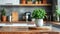 Fresh basil plant in a white pot on a wooden kitchen counter.