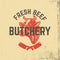 Fresh beef. Butchery. Hand drawn cow head on grunge background.