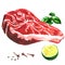 Fresh beef steak, raw marbled beef with lime, basil, spices, food concept, isolated, hand drawn watercolor illustration