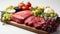 Fresh Beef Vegetables and Fruits on Selective Focus Background