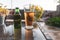 Fresh beer poured into glass on garden table overlooking garden scenery in a shallow depth of field ,blurred background.