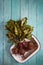 Fresh beetroot in enamel dish