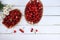 Fresh berries of cherries in a basket on a light table, top view, sweet cherry on a wooden light background, selective focus.