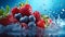 Fresh berries falling into water with splash on blue background close-up. Falling strawberries and blueberries in water splashes.