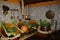 Fresh bio healthy vegetables placed in a dark antique colonial kitchen in spain