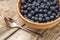 Fresh blackthorn in a bowl with silverspoon on wooden table