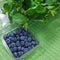 Fresh Blueberries and mint. Bunch of a green herbs, blue berries and clock on tablecloth. Vegetarian Diet Schedule