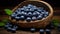 Fresh blueberries in rustic basket on table