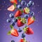 Fresh blueberries and strawberries falling on violet background