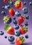 Fresh blueberries and strawberries falling on violet background