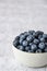 Fresh blueberries in a white ceramic bowl on a light gray crackle background