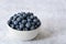 Fresh blueberries in a white ceramic bowl on a light gray crackle background