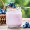 Fresh blueberries yogurt in jar and basket of bilberries