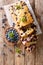 fresh blueberry loaf of bread muffin cake with mint closeup. vertical top view