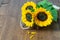 Fresh bouqeut of sunflowers in wooden  rustic box on the wood background