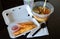 Fresh bowl of Japanese Ramen on Plain Background with Tempura Shrimp