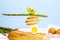 Fresh Bread, Asparagus, Kiwi and Egg. Ingridients for Breakfast. Equilibrium floating food. Balance levitation Food.
