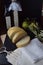 Fresh Bread on Rustic Table with Linen Napkins