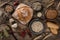 Fresh bread, spice and cereals selection in bowls on rustic wooden background. Healthy food concept, top view, flat lay