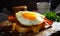 Fresh breakfest fried egg on bread. Delicious toast with cooked egg. Generative AI