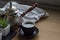 Fresh breved coffe in cezve, traditional turkish coffee pot, cup of coffee, succulent