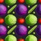 Fresh bright vegetables green and red cabbage, tomato and peas seamless pattern on black background.