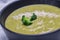 Fresh broccoli soup on bowl. Long banner format. Vegetarian and diet food