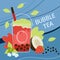 Fresh bubble tea poster. Taiwan boba pearl drink graphic design. Dessert cup with bubbles sweet beverage. Fruit shake