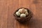 Fresh button quail eggs in a nest on wooden table background